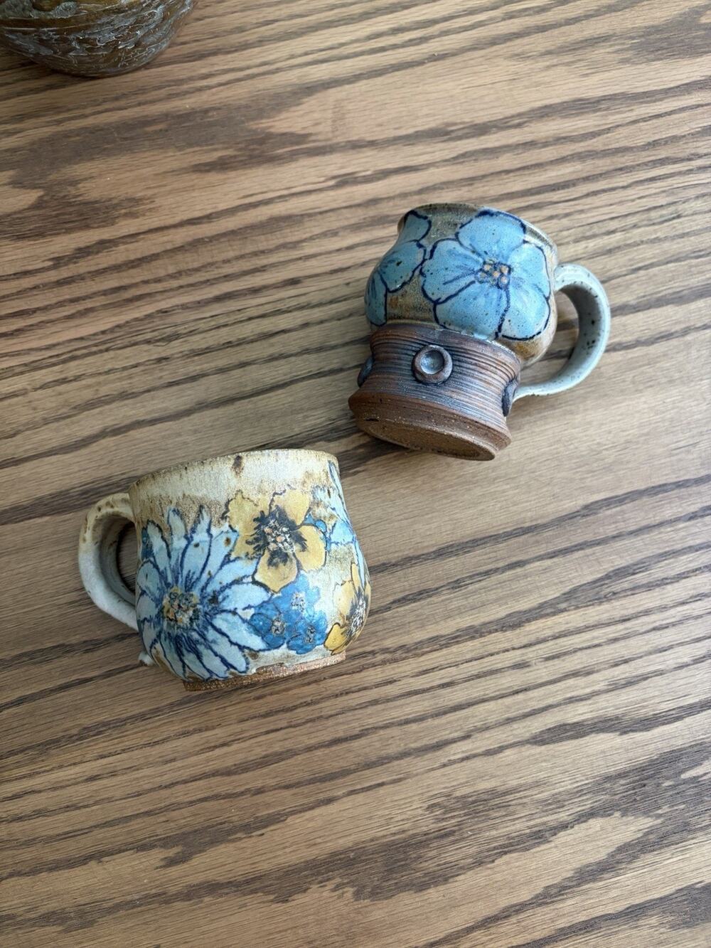 Vintage Studio Art Pottery Coffee Mugs Handmade Floral Mug Set Signed McFall